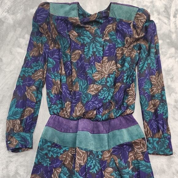 Vintage Patty O'Neil Dress Womens 8 Green Purple Floral Leaves Rayon Suede - Picture 2 of 11